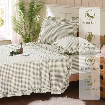 Gingham King Sheet Set, Lightweight Super Soft Brushed Microfiber Plaid Bed Sheets with 16" Deep Pocket, 4 Piece Ruffle Farmhouse Bedroom Decor, Sage Green