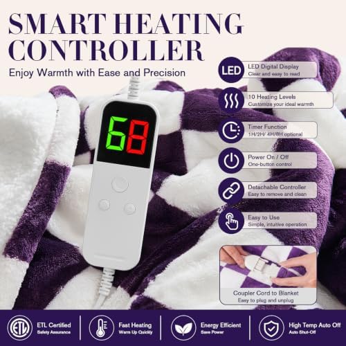 Deep Purple Heated Blanket Electric Throw 50"X60", Heating Blanket Throw