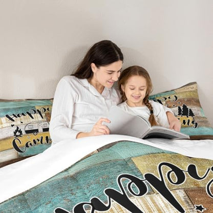 Happy Camping Car Comforter Set King Size,RV Camper Trailer Decor Bedding Set 3pcs for Kids Boys Girls Adults,Vintage Wooden Plank Cabin Down Comforter,Rustic Farmhouse Duvet Insert,2 Pillowcases