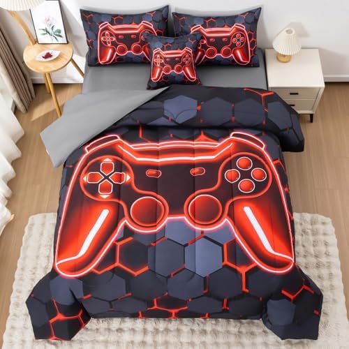 6Pcs Gamer Comforter Set with Sheets for Boys Girls Kids Teens, Colorful Gaming Themed Bed in A Bag Full Size, Black 3D Video Game Controller Bedroom Decor Bedding Set
