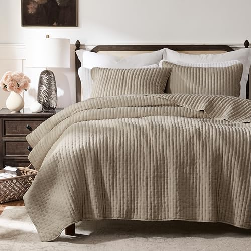 WDCOZY Dark Beige Cross Stitch Queen Size Quilt Set, Striped Lightweight Soft Bedspread, Tan Channel Farmhouse Rustic Coverlet, All Season Country Bedding, Thin Comforter