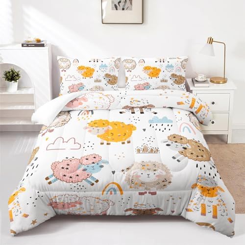 Nttopship Cute Cartoon Sheep Comforter Set Full Size,100% Soft Ultra-Fine Fiber Four Season Cloud Rainbow Comforter Set for Kids with 1 Comforter and 2 Pillow Case