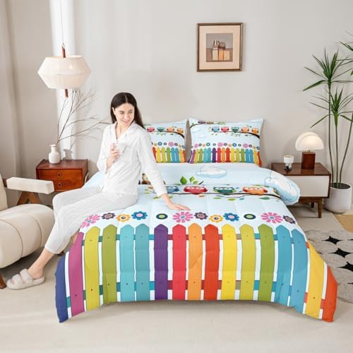 Manfei Owls Comforter Set Full Size, Cartoon Birds Print Quilt Set with 2 Pillowcases, Colorful Flower Bedding Set 3pcs for Kids Boys Girls Bedroom Decor, Rainbow Plank Print Duvet Set