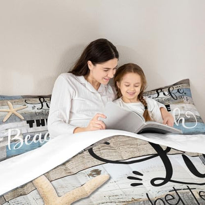 Castle Fairy Rustic Farmhouse Bedding Set Full Size Beach Life Comforter 3pcs Adults Room Decor Blue Grey Stripes Quilted Duvet Ocean Starfish Cabin Wood Insert,2 Pillowcases(CYJS9693ZMD-BZ_USf)