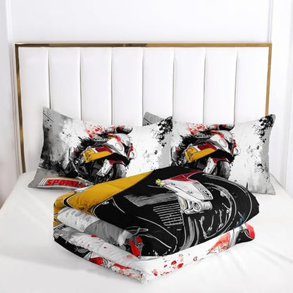 Motorcycle Race Comforter Set Queen Size for Boys，Kids Sports Themed Queen Size Bedding Set，Sport Quilt for Boys，with 1 Comforter with 2 Pillow Case