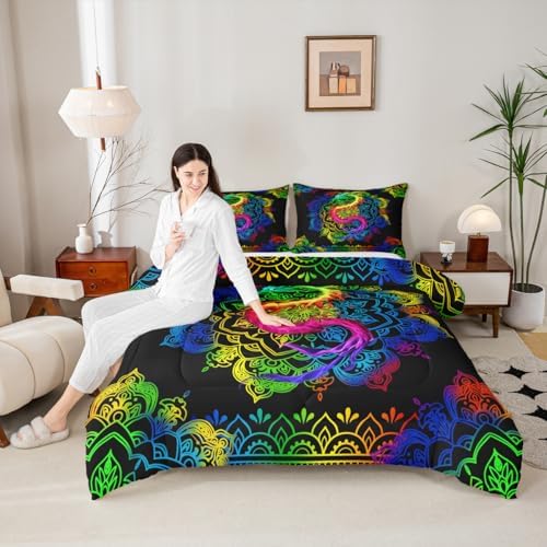 Watercolor Dragon Comforter Set Full Size,Rainbow Mandala Print Duvet Quilted,Bohemian Exotic Style and Animal Theme Bedding Comforters 3Pcs for Kids Child Teens Woman Man Bedroom Decor,Black