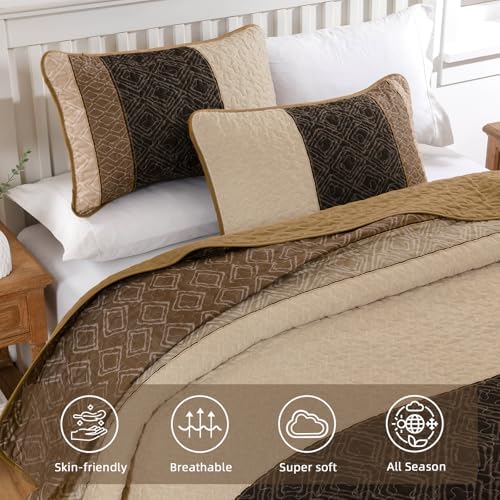 Cottolester Light Brown King Quilt Set,3 Pcs Boho Striped Plaid Bedspread