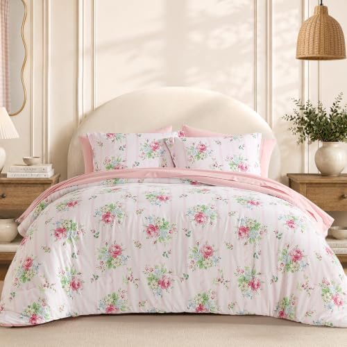 BLOOMHAVEN Queen Comforter Set-7 Pieces Pink Floral Bed in a Bag Queen