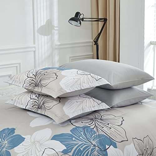 Luxudecor Blue Comforter Set King Size, 7 Pieces Bed in a Bag Blue Floral Comforter and Sheet Set, Soft Microfiber Grey Complete Bedding Sets for All Seasons
