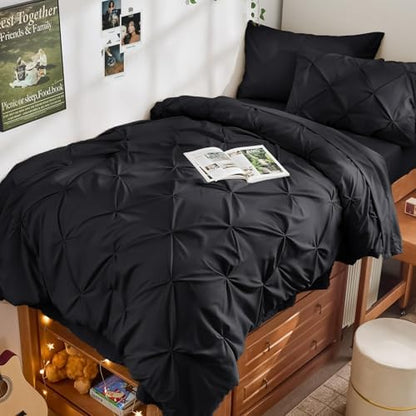 JOLLYVOGUE Twin Comforter Set 5 Pieces - Bed in a Bag Twin for All Season, Pintuck Bedding Comforter Sets with Comforter, Flat Sheet, Fitted Sheet and Pillowcases & Shams, Black