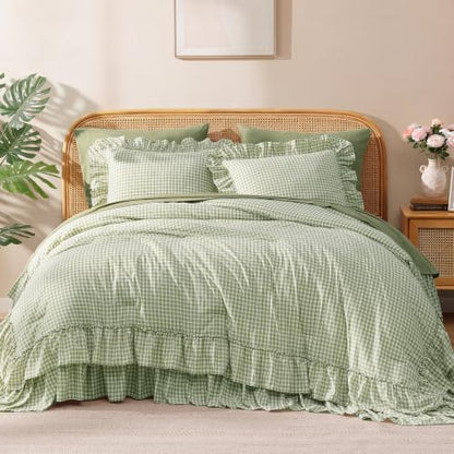 Full Size Comforter Set Green Gingham Ruffle 7 Pieces Bed in a Bag