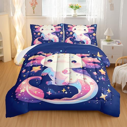 Nttopship Cartoon Axolotl Comforter Bedding Set with 2 Pillowcase King Size Pink Salamander Comforter Set for Kids Boys Girls Bedroom Decor