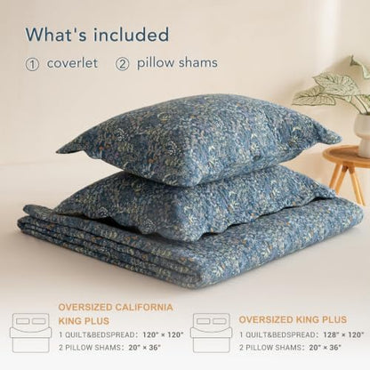 Lady Ann 100% Cotton Quilt Set,Oversized King Bedspread 128x120 for Extra Large Bed, Navy Blue Floral Botanical Pattern Printed Quilted Coverlet, 3 Pcs Vintage & Ultra Soft Bedding Set