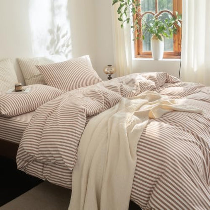 FOSSA Striped Duvet Cover Set 100% Washed Cotton Linen Feel Full