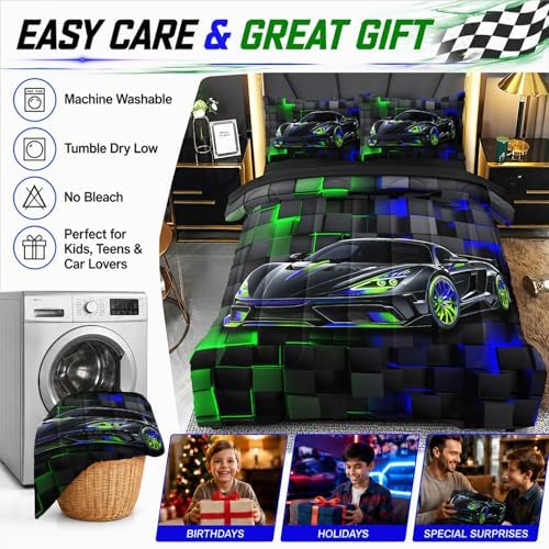 5 Pcs Car Comforter Sets for Boys, Cool Blue Green Race Car Full Size Car Bedding Set for Boys Teens