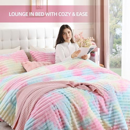 Smoofy Fluffy Full Size Comforter 3 PCS - Rainbow Fleece Bedding Set