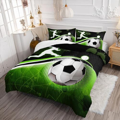 AILONEN 3D Soccer Ball Comforter Set Twin Size, Sport Football Player Bedding Set for Kids Boys,Green Geometry Theme Duvet Set,3-Piece,1 Quilt + 2 Pillowcases,Soft Microfibre