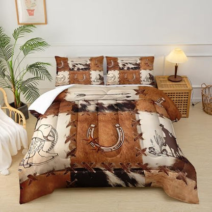 Western Comforter Set Full,Cow Print Comforter Set for Boys,Retro Cowhide Animals Skin Brown Bedding Set,Western Cowboy Bedding Set, Cowboy Boot and Arrow Pattern Quilt Set