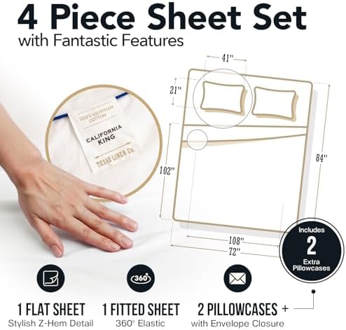 TEXAS LINEN CO. 100% Egyptian Cotton Sheets California King Size - 1500 Series 4 PC Calking Sheets Egyptian Cotton, Soft, Cooling Sateen Sheet, High Series Sheet California King - Beige