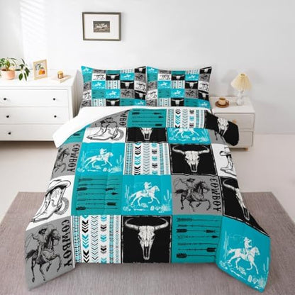 Manfei Cowboy Comforter Set Twin Size, Bull Skull Horse Arrow Quilt Set with 1 Pillowcase, Geometric Grid Blue Plaid Bedding Set 2pcs for Kids Boys Girls Room Decor Western Duvet Insert