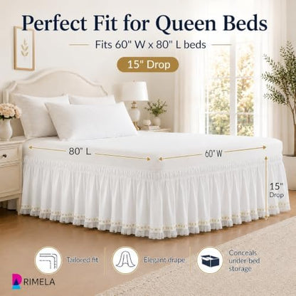 Lace Trim Bed Skirt King 15" Drop, Elastic Wrap Around Bedskirt