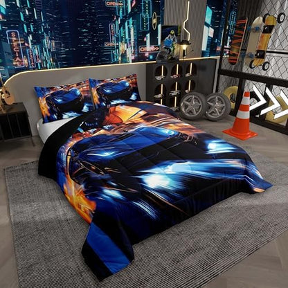 Erosebridal Kids Boys Sports Bedding Set - King Size Blue Race Car Comforter Set for Kids Teens Room Decor - Extreme Sports Theme Bed Set - Cool Speed Luxury Car Decor Quilt Set - Soft for All Season