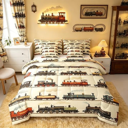 Feelyou Vintage Train Comforter Set Twin Size 7 Pcs Bedding Set Boys Girls