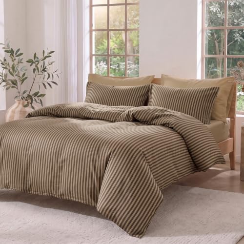 Bedbay Brown Striped Duvet Cover Set, 100% Cotton 300TC Sateen Queen Duvet Cover, Mocha Brown Fine Stripe Bedding, Soft Smooth Breathable Warm Neutral Set, 3 Pieces