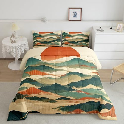 Japanese Style Comforter Set King Size,Abstract Mountain Bedding Set for Kids Boys Girls Room Decor,Sun Foggy Mountain Woodland Duvet Insert 3Pcs,Modern Comic Microfiber Quilt Set,2 Pillowcases