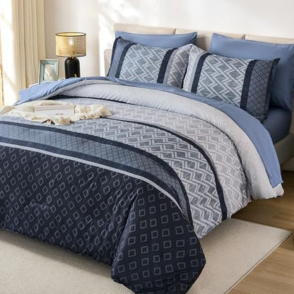 Cottolester King Comforter Set,Mineral Blue Boho Striped Bed in a Bag