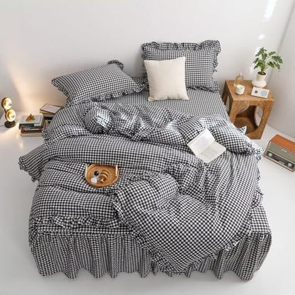 mixinni Black White Gingham Ruffle Duvet Cover Twin Size 3 Pieces – 100% Washed Cotton, Vintage Plaid Ruffled Bedding Set with Zipper Ties, Soft Checkered Grid Farmhouse Chic Comforter Cover Set