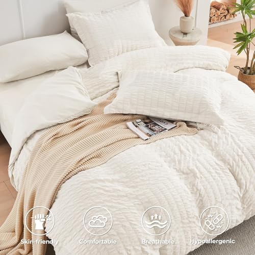 HYMOKEGE Ivory King Size Comforter Set Seersucker 7 Pieces, All Season Luxury Bed in a Bag for Bedroom, Bedding Set with Comforters, Sheets, Pillowcases & Shams