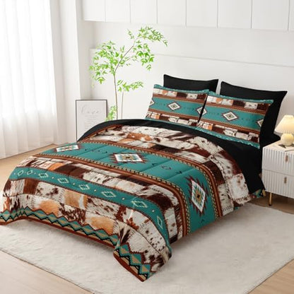 AILONEN Ethnic Cowhide Pattern Comforter Set Queen,7-Piece Soft Bed in a Bag,Western Cow Fur Comforter & Fitted Sheet & Flat Sheet & 2 Pillowcases,2 Pillow Shams for Bedroom