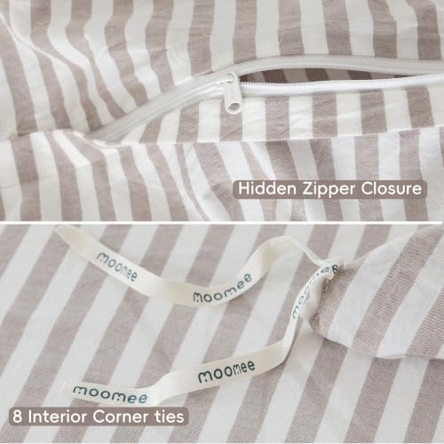 MooMee Striped Duvet Cover Set 100% Washed Cotton Linen Like Queen