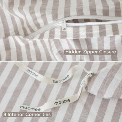 MooMee Striped Duvet Cover Set 100% Washed Cotton Linen Like Queen