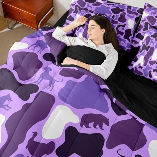 Erosebridal Camo 7 Piece Bedding Set Queen Wolf Deer Comforter Set with Sheets Retro Hound Turkey Bear Theme Bed in a Bag Army Purple Camouflage Woods for Kids Boys Girls