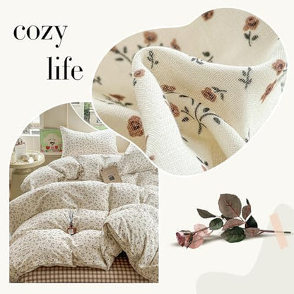 VM VOUGEMARKET Soft Muslin Cotton Duvet Cover Set Queen Size Floral Duvet Cover with 2 Pillowcases Lightweight Breathable Bedding Comforter Cover for Teen Girls