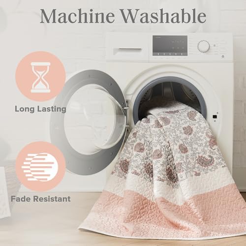 Madison Park 100% Cotton Quilt Set Floral Print, Double Sided Stitching, All Season, Lightweight Coverlet Shabby Chic Bedding Layer, Matching Shams, King/Cal King, Blush 6 Piece