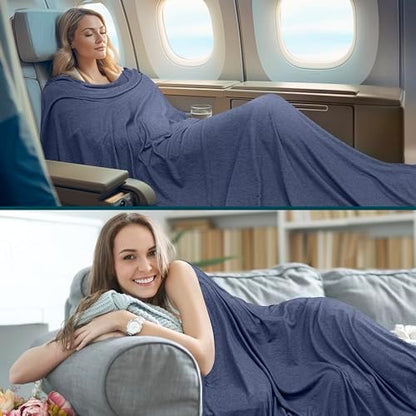 PAVILIA Travel Blanket Airplane Compact with Bag Lightweight, Navy Blue