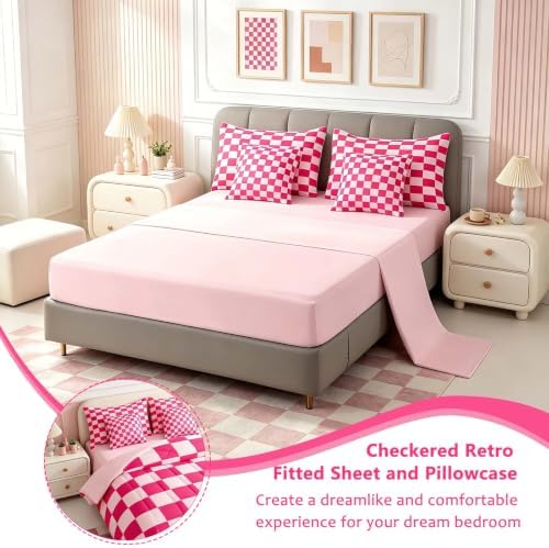 Feelyou Checkered 7 Piece Bedding Set Teen Women Boho Modern Cute Aesthetic Decorative Girly Comforter Set with Sheets Queen Size Kids Boys Geometric Chic Bed in a Bag Pink White Plaid Room Decor