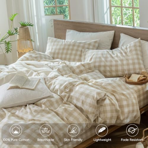 MooMee Gingham Duvet Cover Set 100% Washed Cotton Linen Like