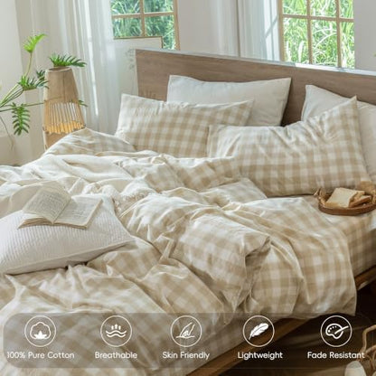 MooMee Gingham Duvet Cover Set 100% Washed Cotton Linen Like