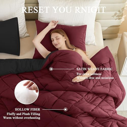 MIOTO 120x98 Oversized King Comforter,Super King Size Comforter Oversized, All Season Soft Lightweight Quilt Down Alternative Duvet Insert with 8 Corner Tabs, Burgundy/Black