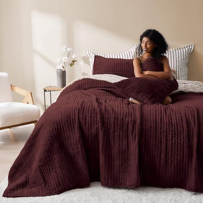 Wonderful - Velvet Quilt Set King Size Burgundy, Soft Cotton-Feel Plush Coverlet with Shams, Premium Vertical Channel Stitched, Lightweight All-Season Bedspread