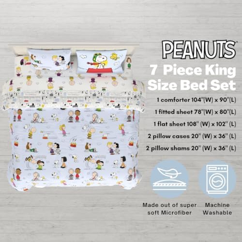 Peanuts® Charlie Brown, Snoopy & Gang Bedding, 7 Piece Super Soft Cozy Reversible Comforter and Sheet Set with Sham, King, (100% Official Licensed Product) By Franco Collectibles