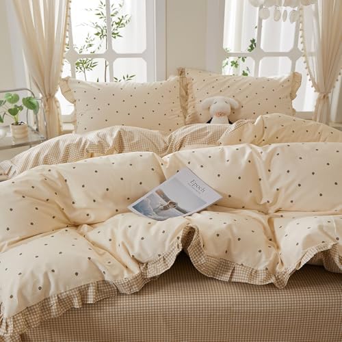 mixinni Floral Duvet Cover Set Full Size – 100% Cotton 3-Piece Bedding Set with Ruffled Trim, Reversible Vintage Beige Gingham & Strawberry Print, Soft Aesthetic Duvet Cover with Zipper Closure