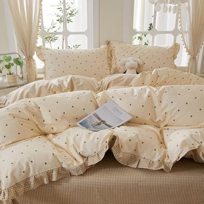 mixinni Floral Duvet Cover Set Full Size – 100% Cotton 3-Piece Bedding Set with Ruffled Trim, Reversible Vintage Beige Gingham & Strawberry Print, Soft Aesthetic Duvet Cover with Zipper Closure