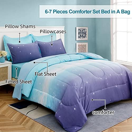 Dinjoy Girls Women Comforter Set King Size Ombre Blue Purple Rainbow Bedding Set 7 Pieces Bed in A Bag for Teen Adult (1 Comforter, 1 Flat Sheet, 1 Fitted Sheet, Pillow Shams & Pillowcases)