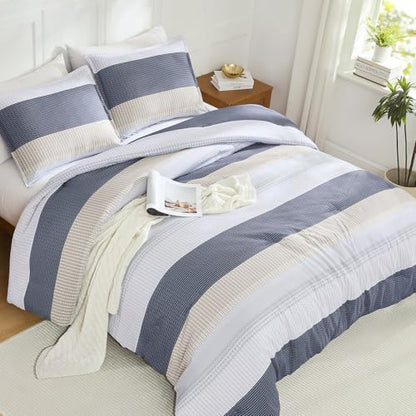 Litanika Blue Yellow Oversized King Comforter Set - 3 Pieces Stripe Bed Set