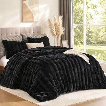 YIKUSH King Faux Fur Soft Comforter Set, Fluffy Black Rabbit Fur Comforter